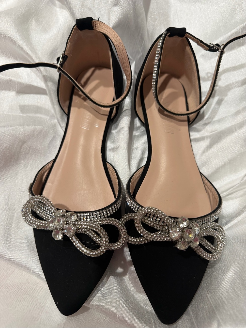 SHEIN Black Pointed-Toe Rhinestone Bow Ankle-Strap Flats